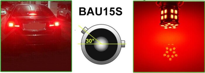 LED Лед Крушки, 30 SMD, Асиметрични, Разминати пинове (150°) , Offset, 1156, BAU15S, 12V, Червена Светлина